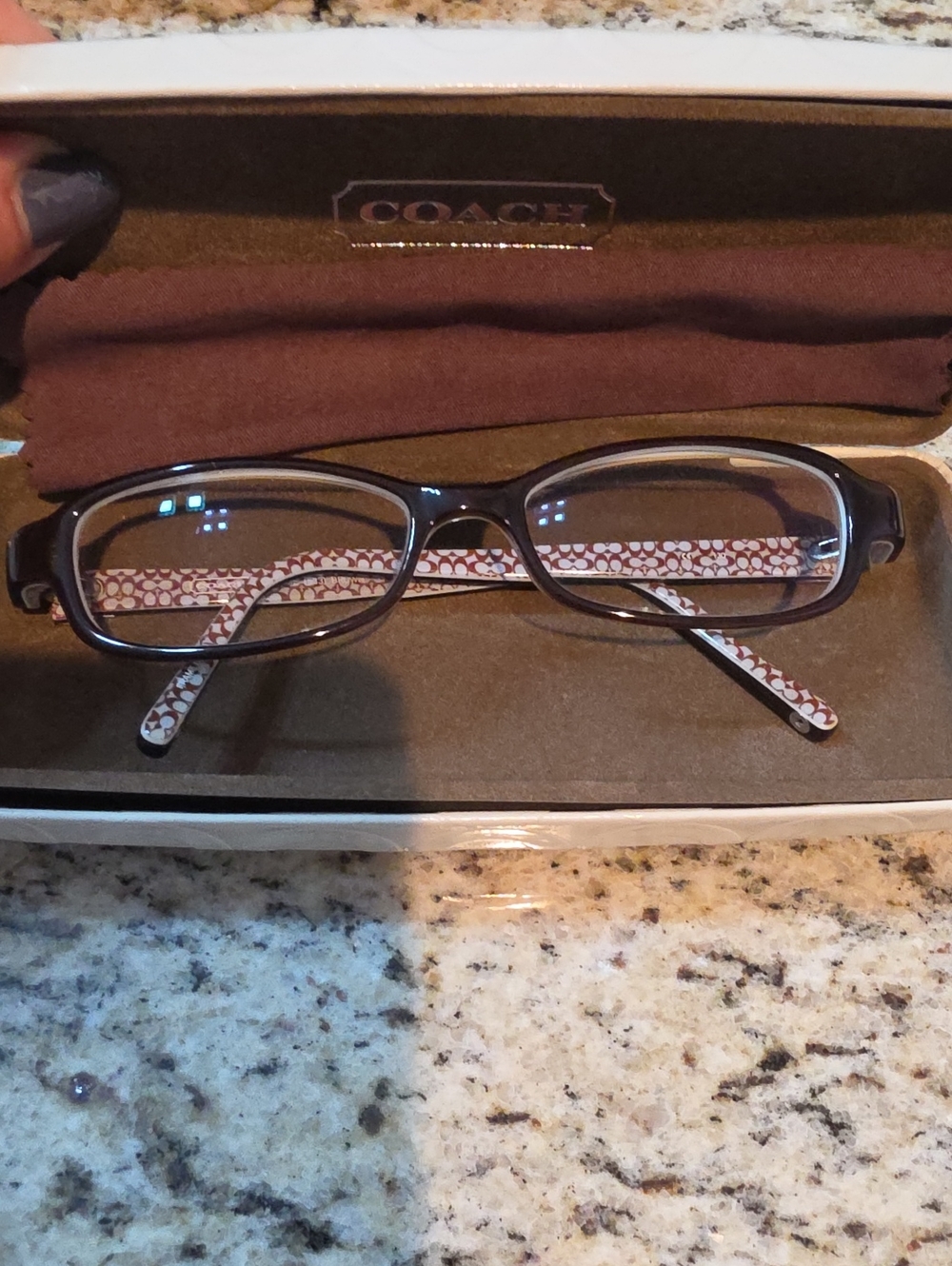 COACH Women's Dark Brown Rectangular Glasses with Signature Pattern Temples